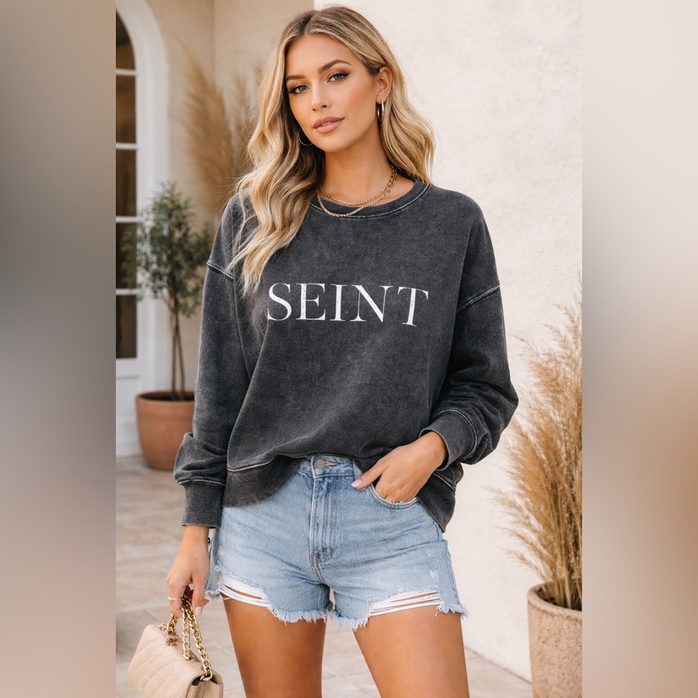 SEINT Acid Wash Graphic Sweatshirt Oversized Crewneck Casual‎ Chic Large